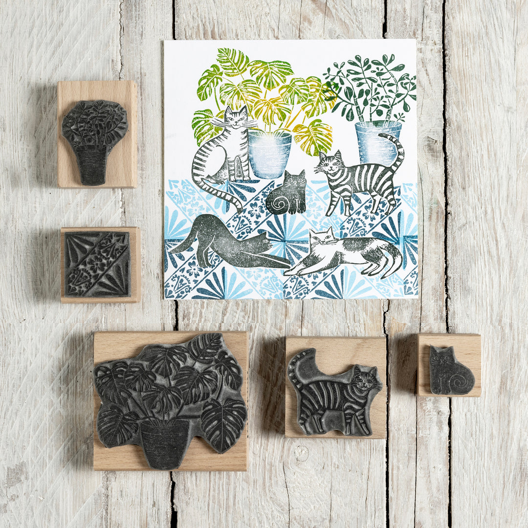 Cat Rubber Stamps With House Plants and Decorative Tile Stamps - Noolibird