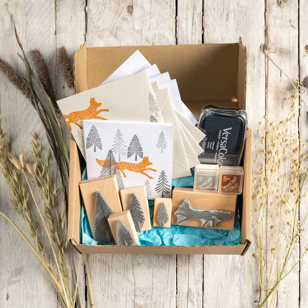 Rubber Stamp Craft Gift Set, Fox and Fir Tree Craft Gift Box, Stamping set Gift. - Noolibird