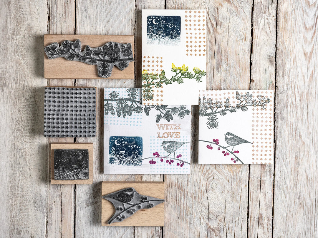 Pine &amp; Holly Branch Christmas Rubber Stamps – Hand Lino Cut Fir &amp; Holly Stamps for Card Making