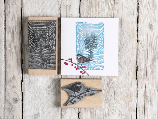 Pine &amp; Holly Branch Christmas Rubber Stamps – Hand Lino Cut Fir &amp; Holly Stamps for Card Making