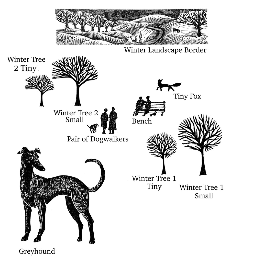 Greyhound Dog Stamp with Winter Landscape Scene Rubber Stamp - Noolibird