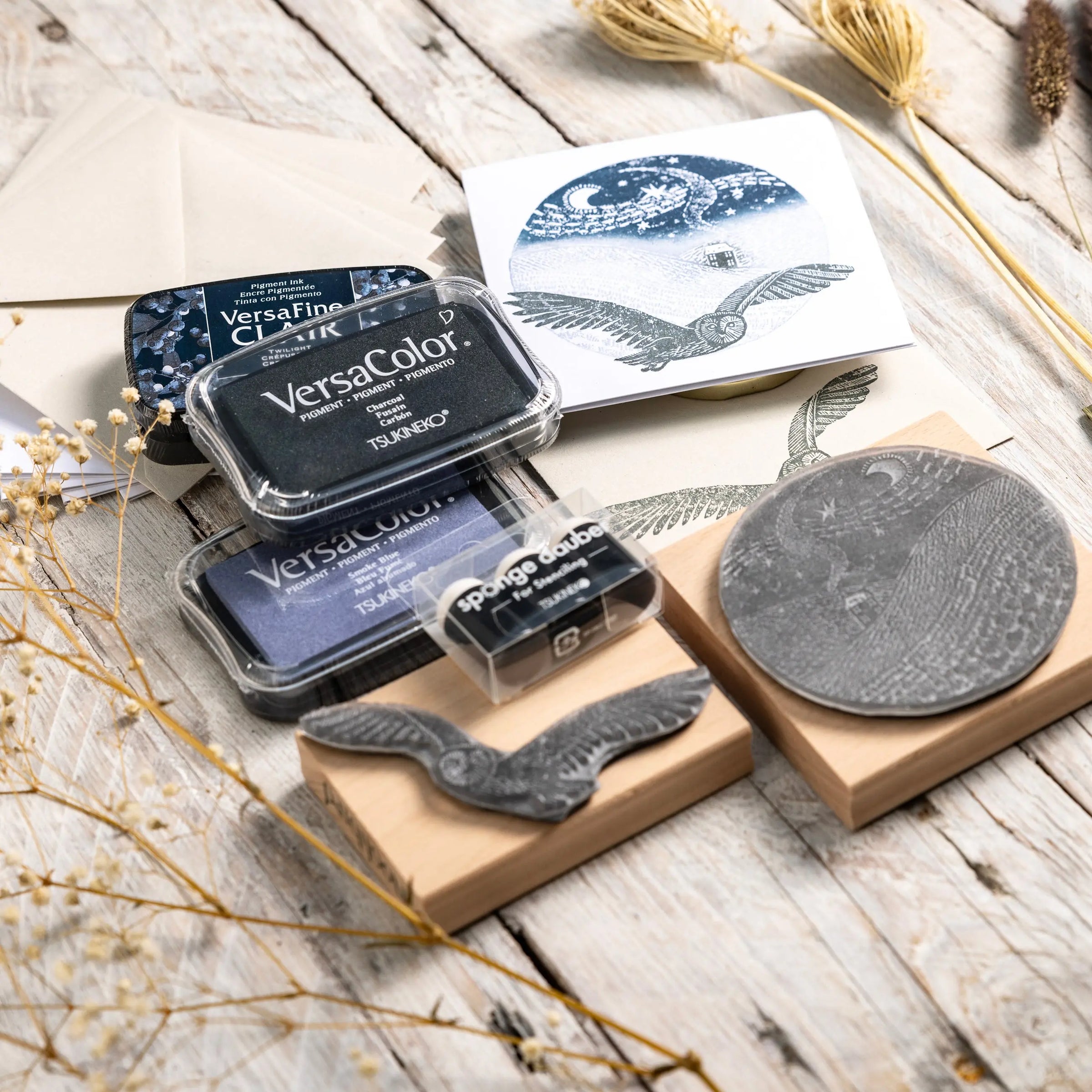Owl and Landscape Stamp Gift Set handmade by Noolibird — nature-inspired craft gifting