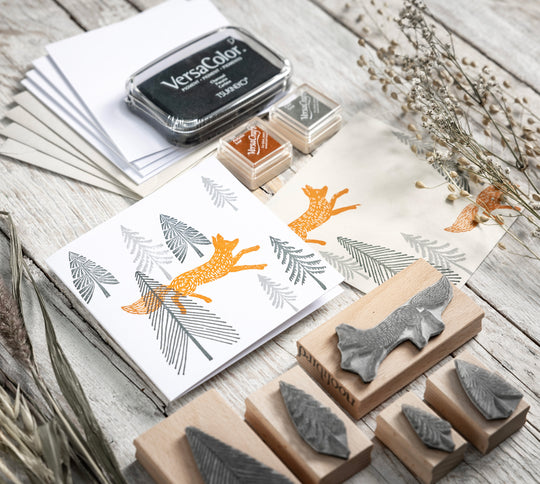 Rubber Stamp Craft Gift Set, Fox and Fir Tree Craft Gift Box, Stamping set Gift. - Noolibird