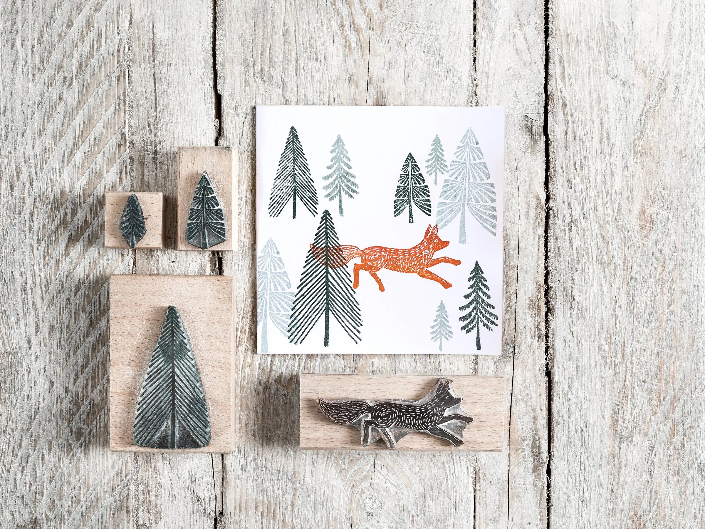 Fox and Fir Tree handmade rubber stamps by Noolibird — Christmas card making and festive crafts