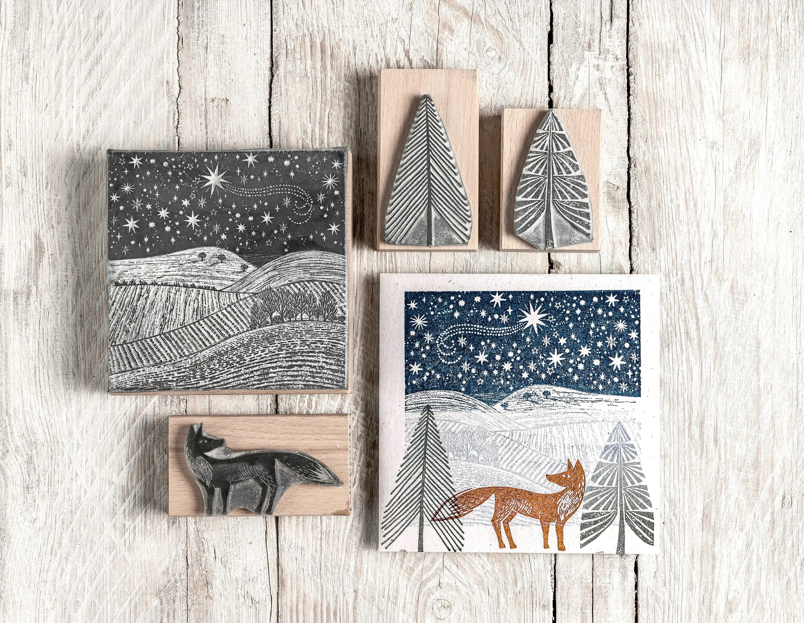 Starlit Winter Sky Landscape Rubber Stamp, Christmas Stamp, Fox Stamp Noolibird
