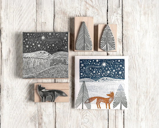 Starlit Winter Sky and Fox handmade rubber stamp by Noolibird — Christmas card making