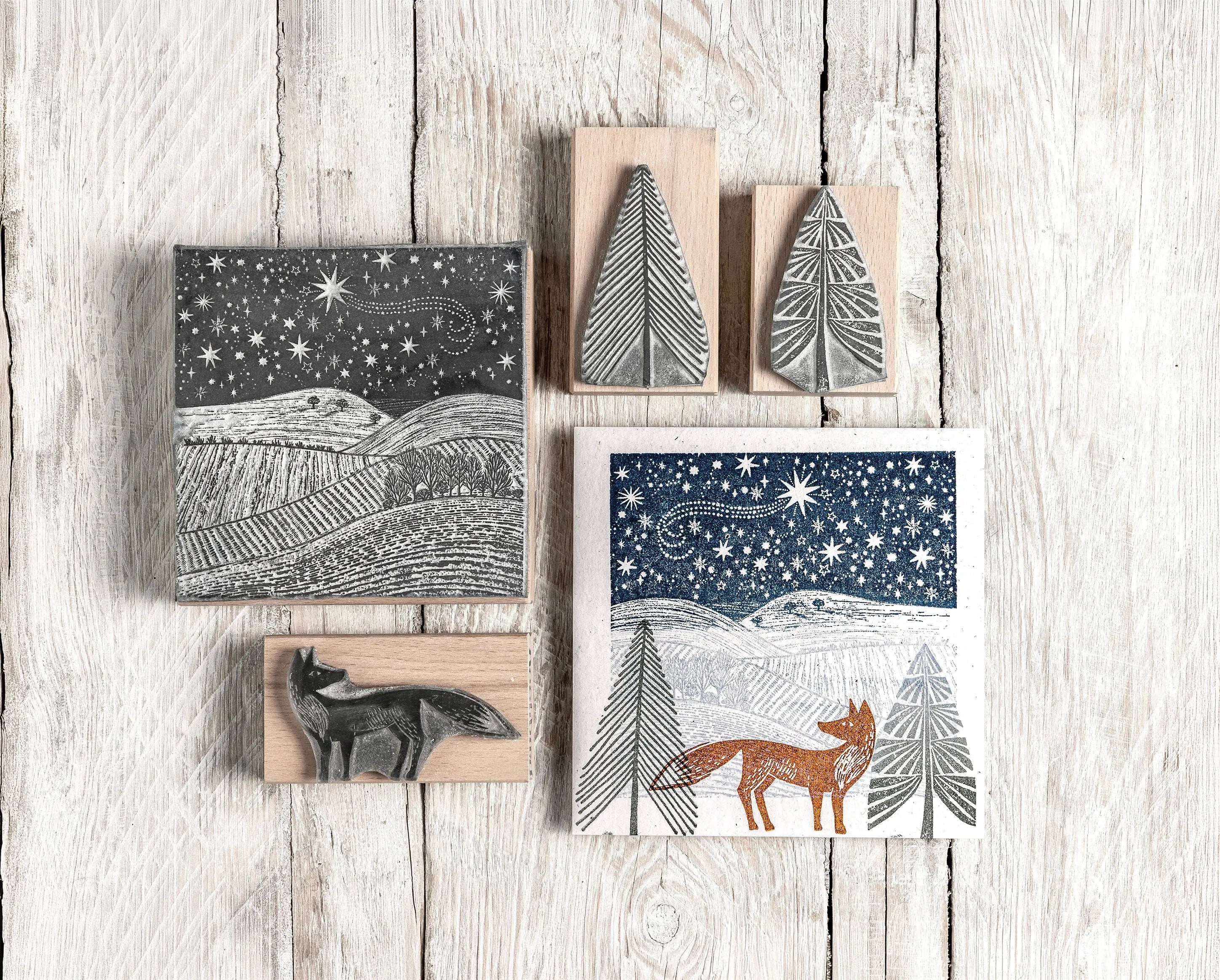 Starlit Winter Sky and Fox handmade rubber stamp by Noolibird — Christmas card making