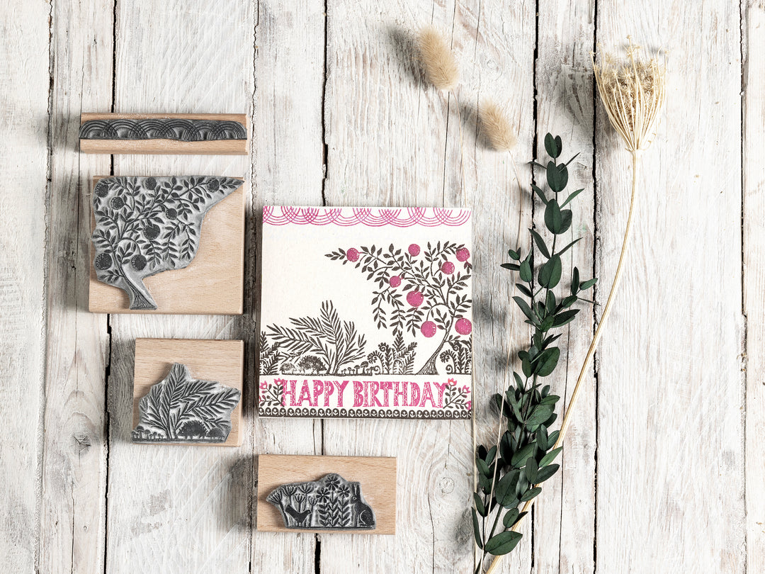 Fruit Tree and Oak Tree Stamps With Pretty Garden Stamps and Hedgehogs - Noolibird
