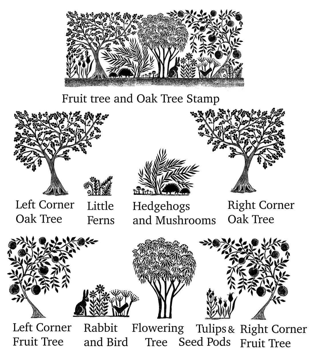 Fruit Tree and Oak Tree Stamps With Pretty Garden Stamps and Hedgehogs - Noolibird