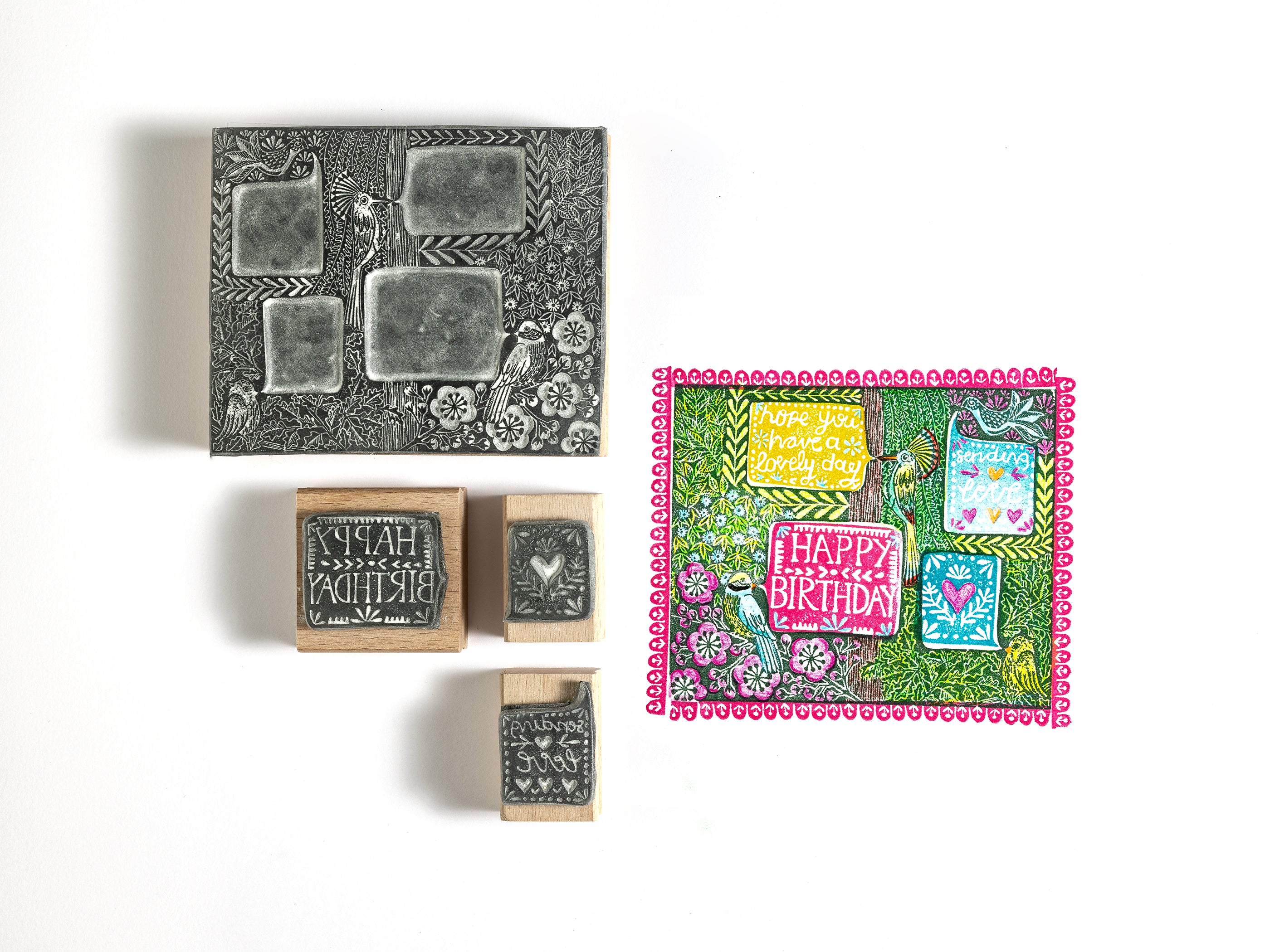 Birthday Card Rubber Stamps with Birds, Flowers and Speech Bubbles, card making supplies, special Birthday Card Design - Noolibird