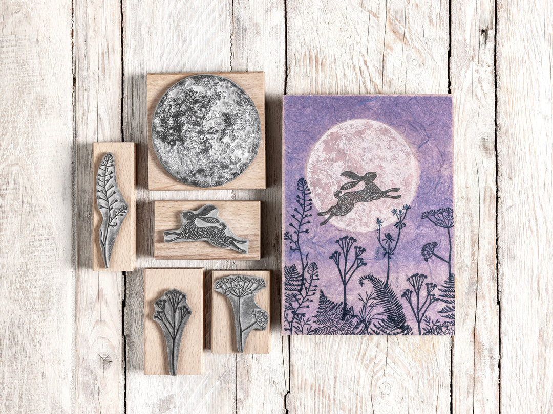 Full Moon Stamps with Leaping Hare stamp and Meadow Flower Silhouette Stamps, Cardmaking Supplies and Nature Journal Stamps - Noolibird