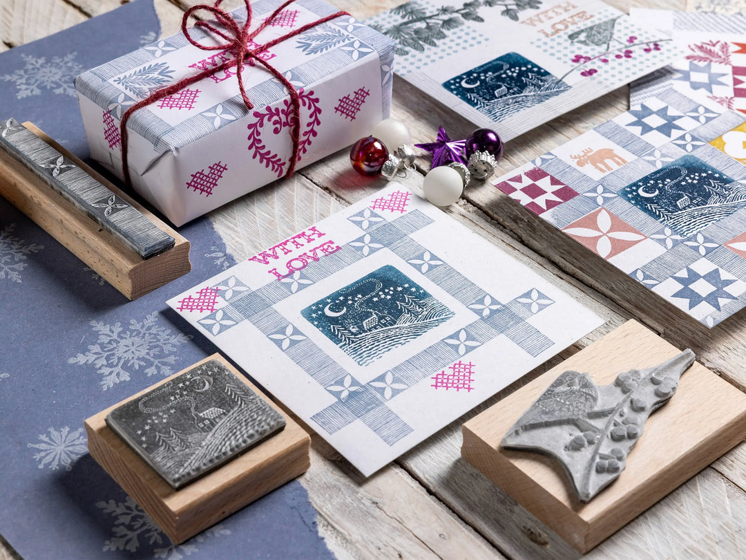 Small Christmas Rubber Stamps – Snowy Landscape, Polar Bear &amp; Cub, Deer and Decorative Borders for Cardmaking