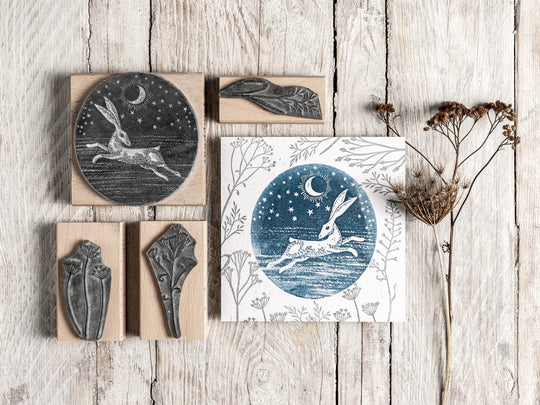 Mystical Hare in the Moonlight, Circular Stamp, Winter Landscape Stamp