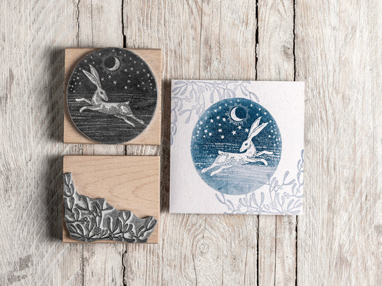 Mystical Hare in the Moonlight, Circular Stamp, Winter Landscape Stamp