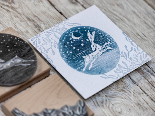 Mystical Hare in the Moonlight, Circular Stamp, Winter Landscape Stamp