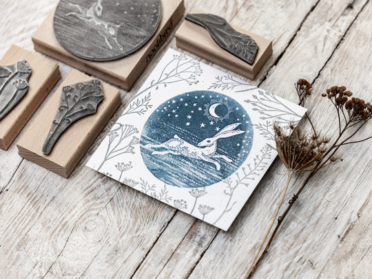 Mystical Hare in the Moonlight, Circular Stamp, Winter Landscape Stamp