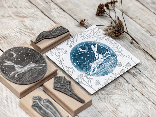 Mystical Hare in the Moonlight, Circular Stamp, Winter Landscape Stamp