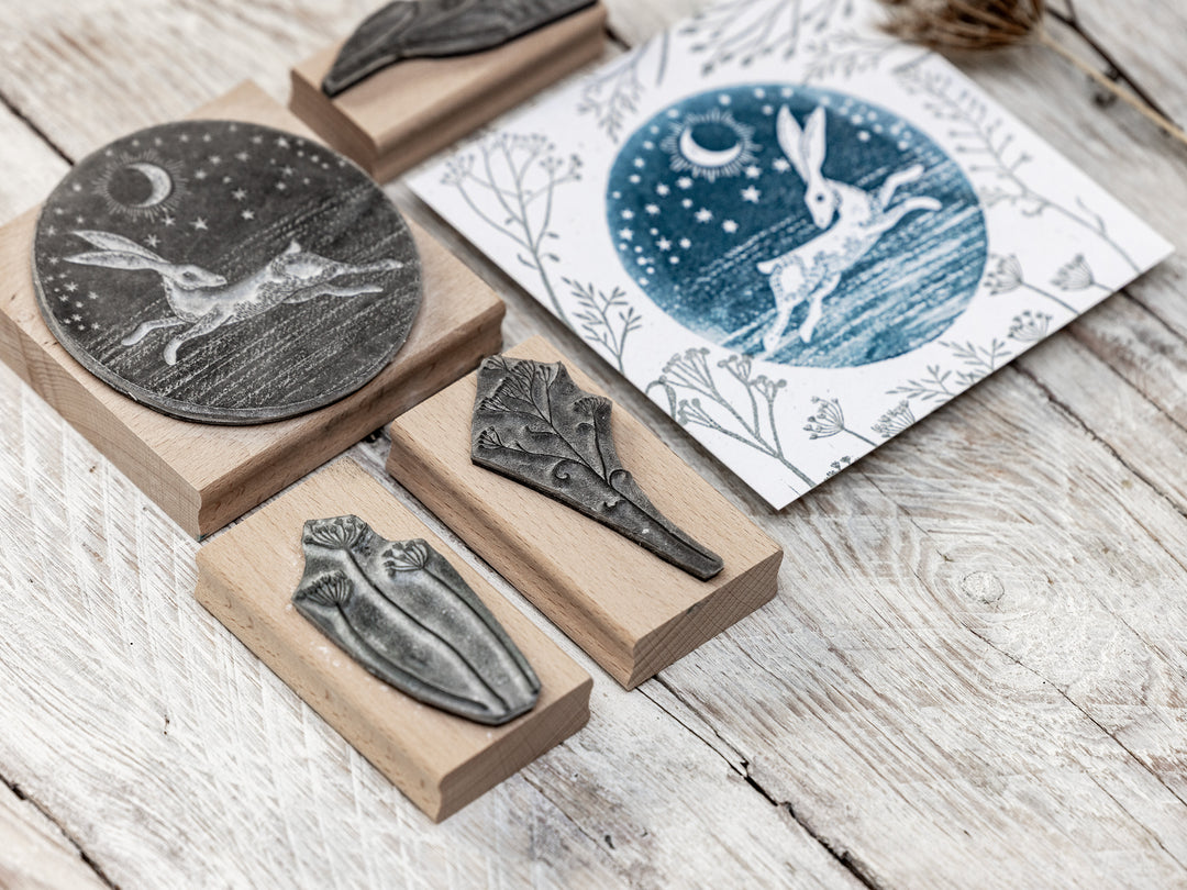 Mystical Hare in the Moonlight, Circular Stamp, Winter Landscape Stamp