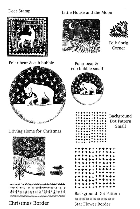 Small Christmas Rubber Stamps – Snowy Landscape, Polar Bear &amp; Cub, Deer and Decorative Borders for Cardmaking