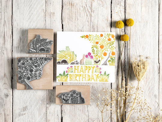 Fruit Tree and Oak Tree Stamps With Pretty Garden Stamps and Hedgehogs - Noolibird