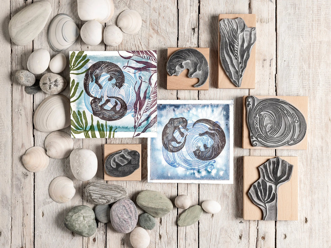 Two Otters Swimming Underwater — Hand-Carved Lino Cut Rubber Stamps for Card making