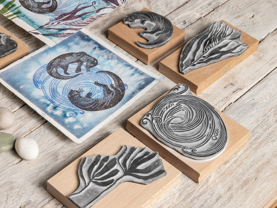 Two Otters Swimming Underwater — Hand-Carved Lino Cut Rubber Stamps for Card making