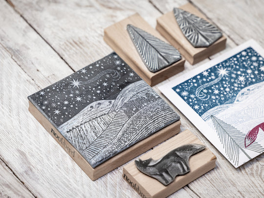 Starlit Winter Sky Landscape Rubber Stamp, Christmas Stamp, Fox Stamp