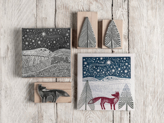 Starlit Winter Sky Landscape Rubber Stamp, Christmas Stamp, Fox Stamp