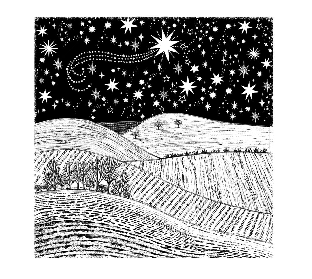 Starlit Winter Sky Landscape Rubber Stamp, Christmas Stamp, Fox Stamp