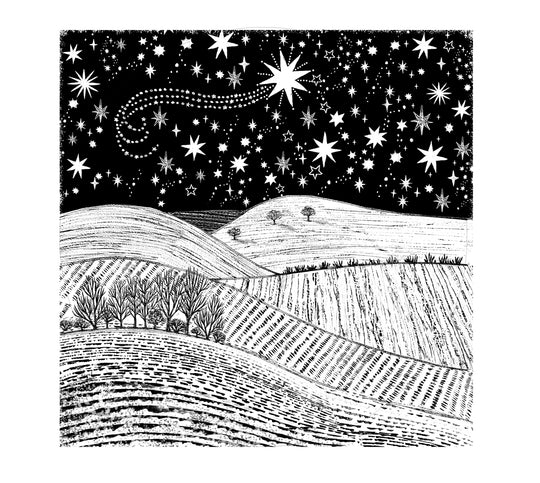 Starlit Winter Sky Landscape Rubber Stamp, Christmas Stamp, Fox Stamp