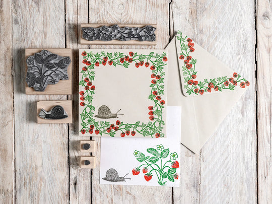 Strawberry Plant Rubber Stamp &amp; Strawberry Border Stamp for Card Making