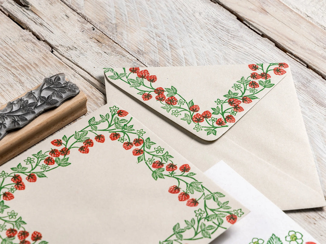 Strawberry Plant Rubber Stamp &amp; Strawberry Border Stamp for Card Making