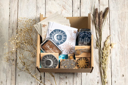 Sun and Moon Craft  Stamp Set, Celestial Gift Set, Card Making Gift Box, Sun and Moon Wooden Stamps with ink pads Gift Set. - Noolibird