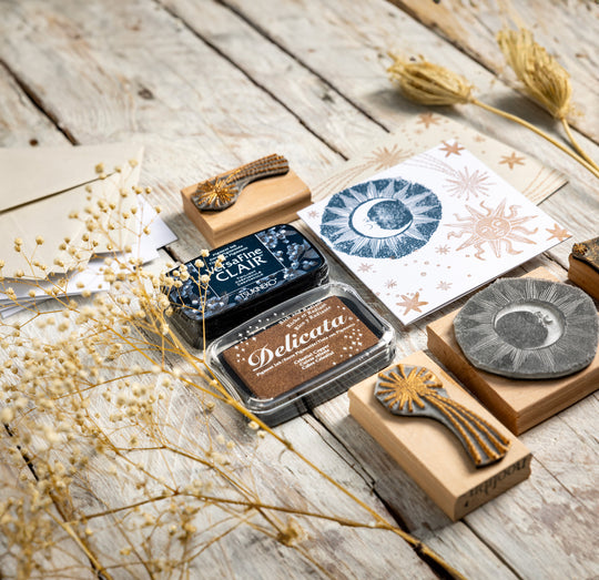 Sun and Moon Craft  Stamp Set, Celestial Gift Set, Card Making Gift Box, Sun and Moon Wooden Stamps with ink pads Gift Set. - Noolibird