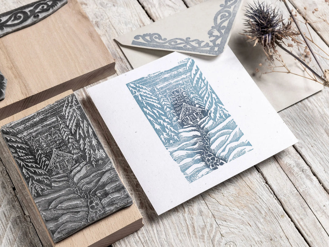 The Cosy Cabin in the Forest Christmas Stamp – Hand-Carved Lino Design
