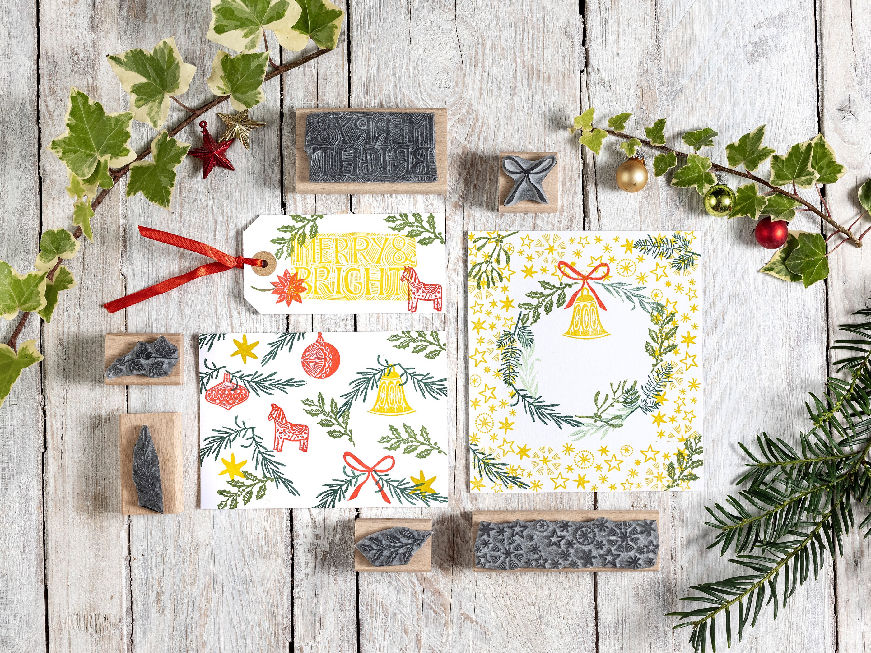 Christmas Rubber Stamps, Holly, Mistletoe, Fir, Poinsettia, Stamp for Christmas card making - Noolibird
