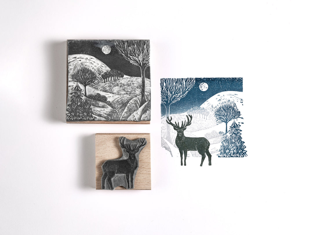 Winter Landscape and Stag Stamp, Christmas Rubber Stamp, Stag Stamp, Pheasant Stamp - Noolibird