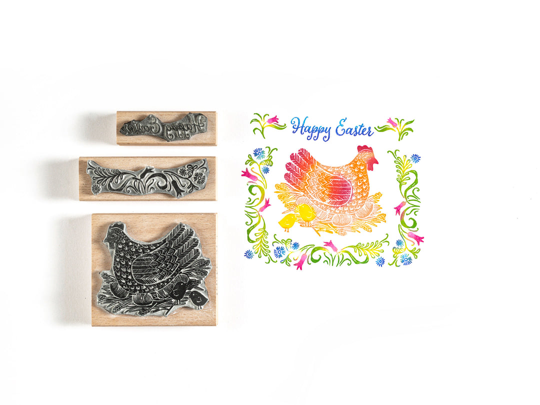 Mother Hen Easter Rubber Stamp and Folky Flowers - Noolibird