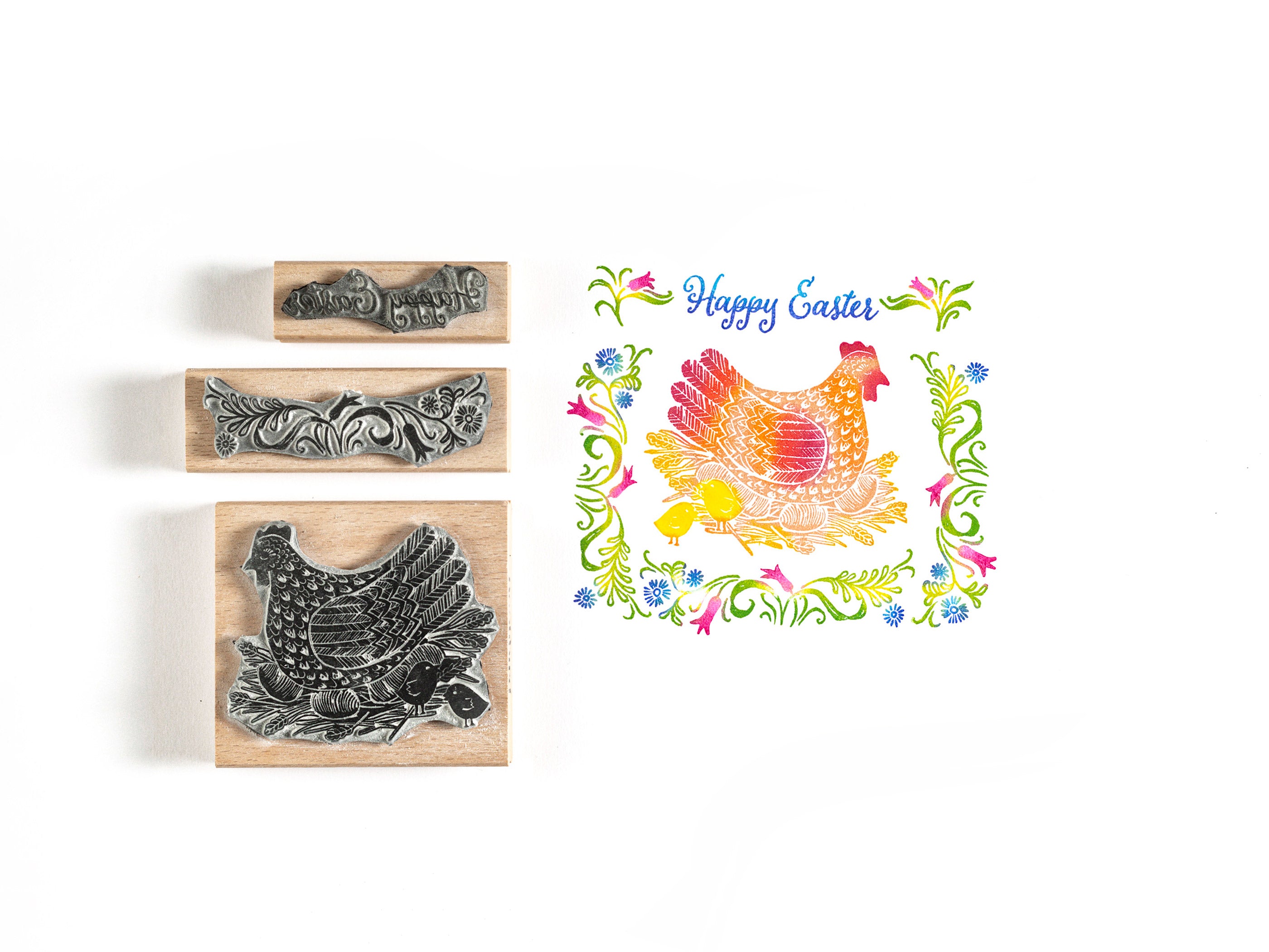 Mother Hen Easter Rubber Stamp and Folky Flowers - Noolibird