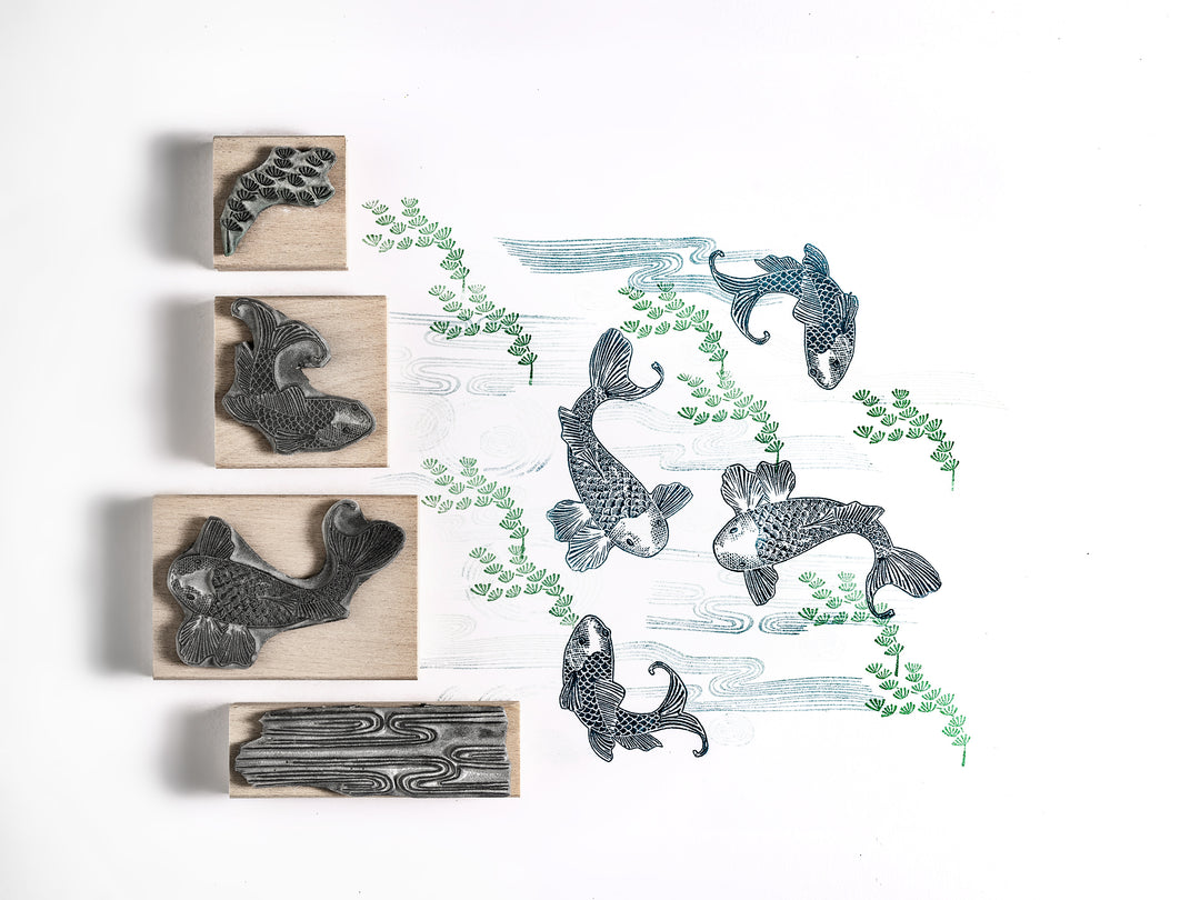 Koi Carp Rubber Stamps with Watery Stamps, Japanese Koi Carp Stamps - Noolibird