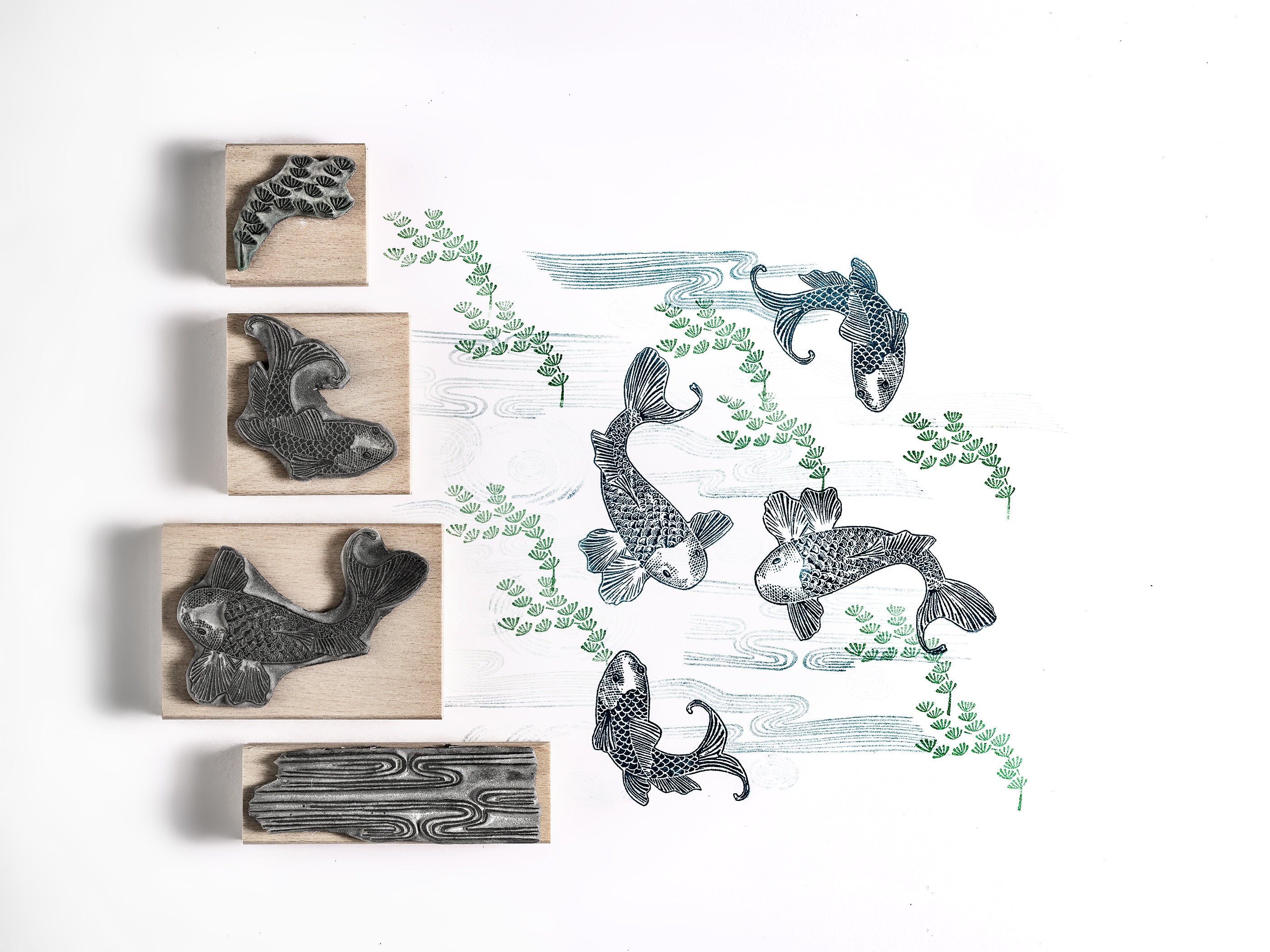 Koi Carp Rubber Stamps with Watery Stamps, Japanese Koi Carp Stamps - Noolibird