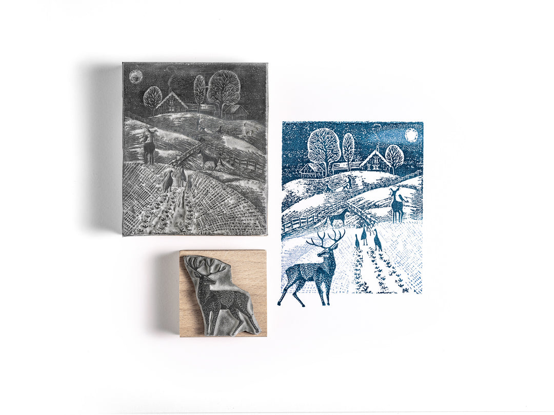 Snowy Farm Landscape Rubber Stamp - Noolibird