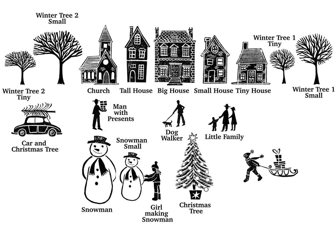 Tiny Town Christmas Rubber Stamps , Christmas Stamps, House Stamps, town stamp, people stamps - Noolibird
