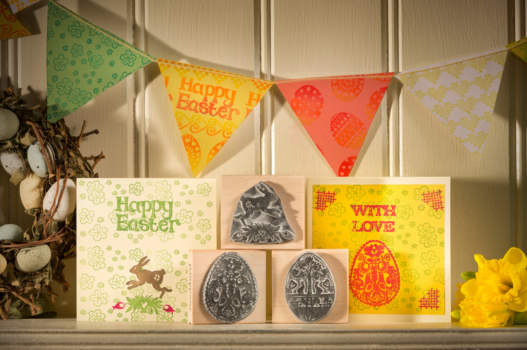 Set of Three Easter Folk Egg and Hare Rubber Stamps - Noolibird
