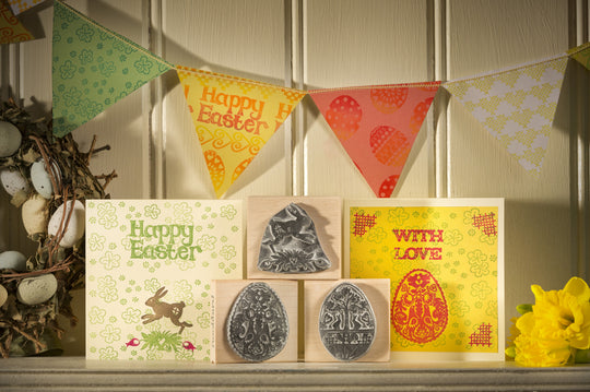Set of Three Easter Folk Egg and Hare Rubber Stamps - Noolibird