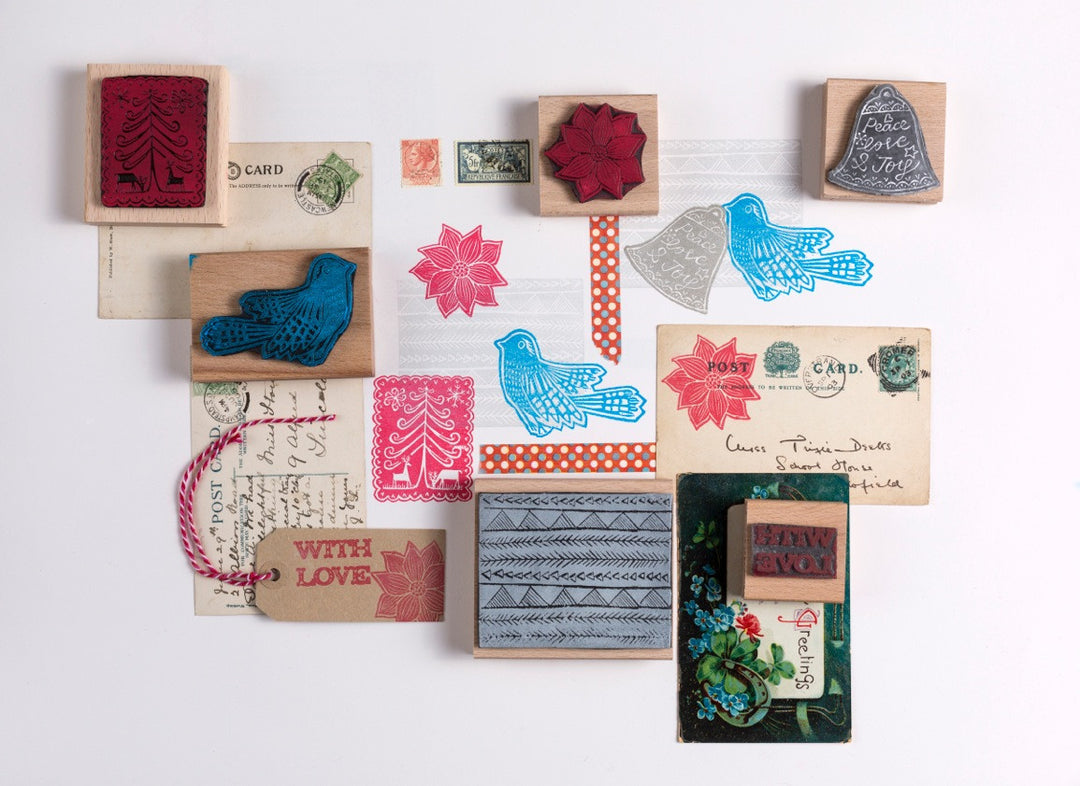 Collection of lino cut style christmas rubber stamps - Noolibird