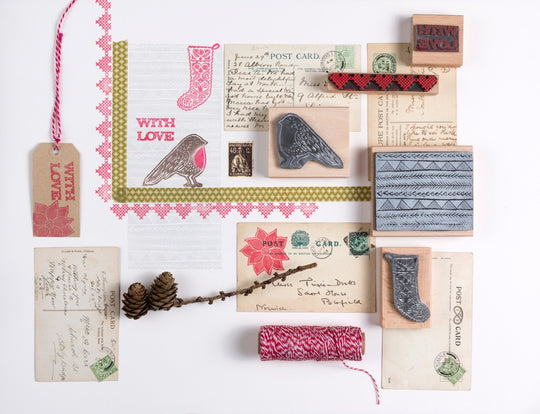 Collection of lino cut style christmas rubber stamps - Noolibird