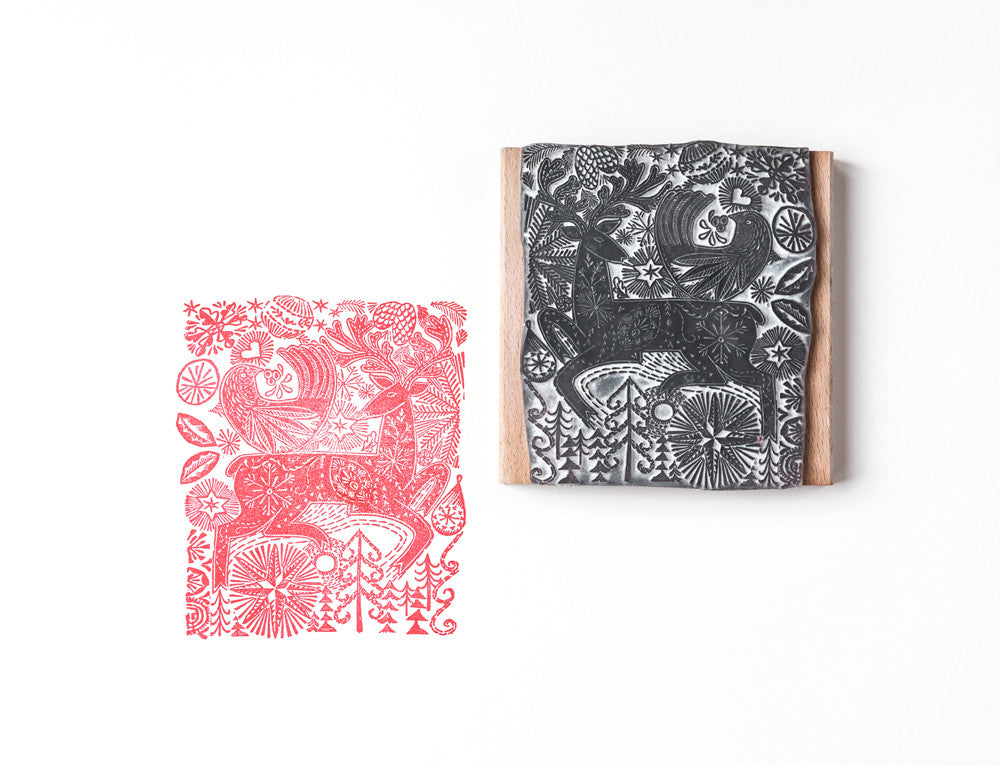 Reindeer and Bird Christmas Rubber Stamp - Noolibird