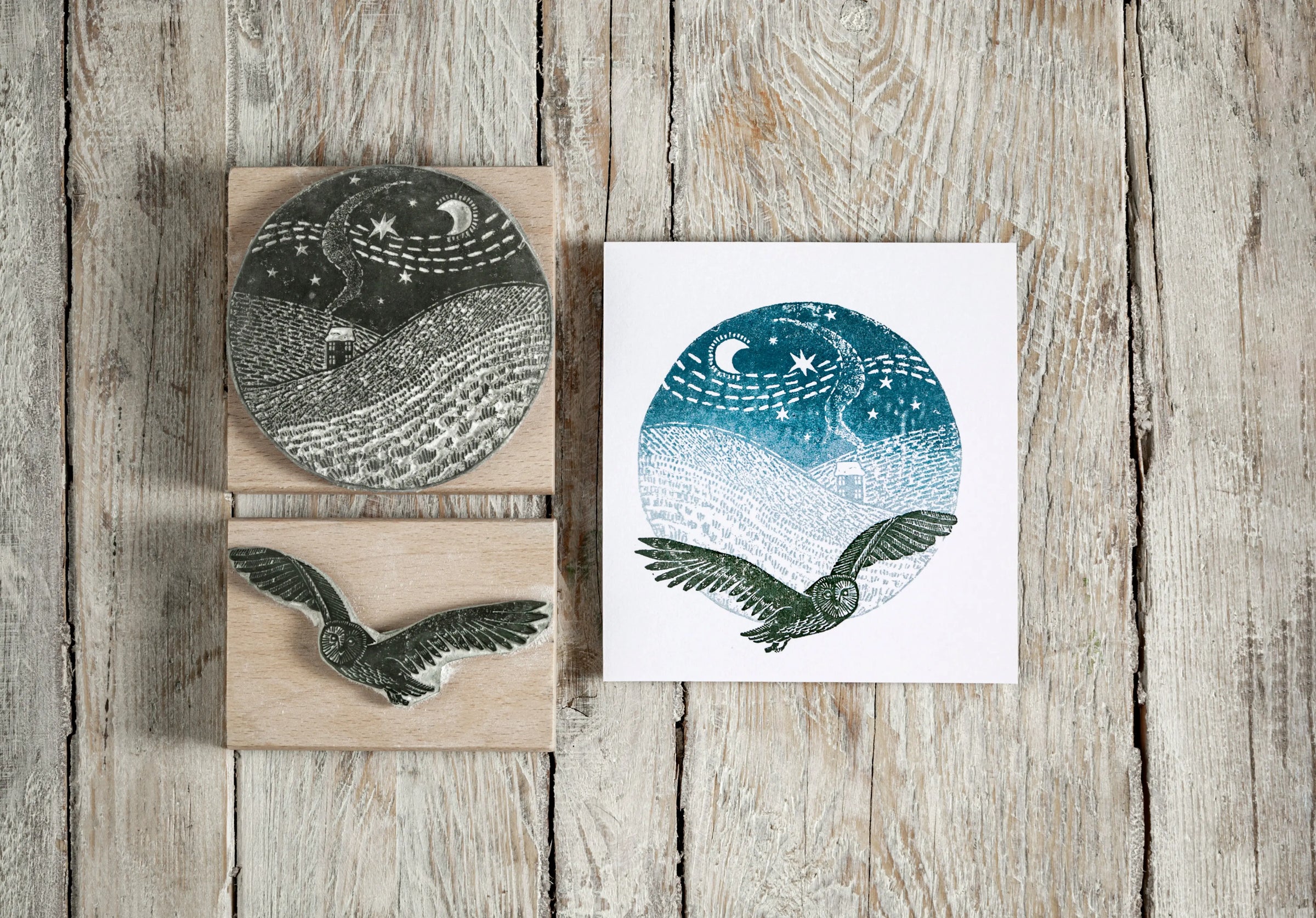 Flying Owl and Winter Landscape handmade rubber stamp by Noolibird — Christmas card making