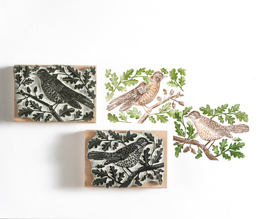 Mistle Thrushes In the Oak Tree, Thrush Rubber Stamp, Bird Stamp, Songbird Stamp. - Noolibird